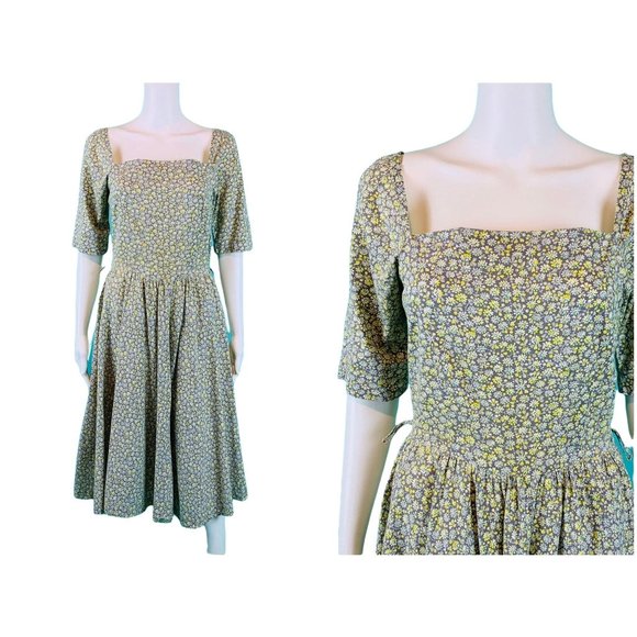 Vintage 1950s Floral Print Day Dress Gray Yellow Fit & FlareW 27"